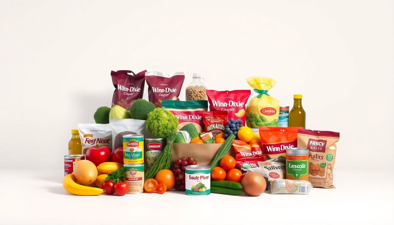 A high-end, photorealistic studio still-life photograph featuring a neatly arranged collection of premium grocery items from Winn-Dixie, including fresh produce, canned goods, and packaged foods, all set against a clean, monochromatic background with sharp, dramatic lighting creating deep shadows.