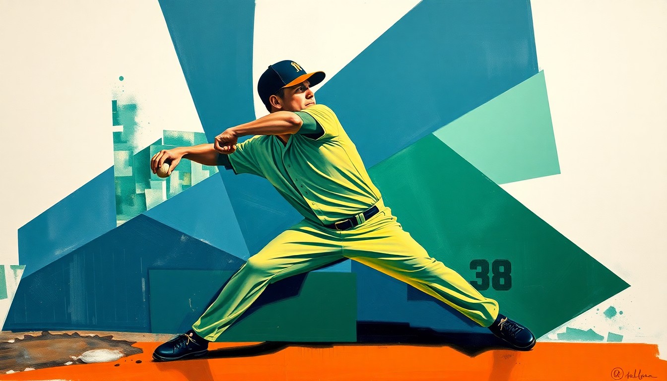 A fragmented, cubist-style painting depicting the various angles and movements of a baseball pitcher's windup and delivery, with sharp geometric shapes in navy, green, and orange tones.