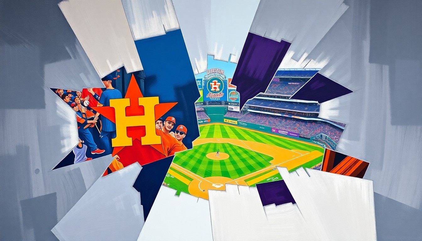 A fractured, multi-perspective painting in bold, clashing colors that abstractly depicts a baseball game between the Houston Astros and Colorado Rockies, capturing the sport's kinetic energy through Picasso-esque geometric shapes and planes.