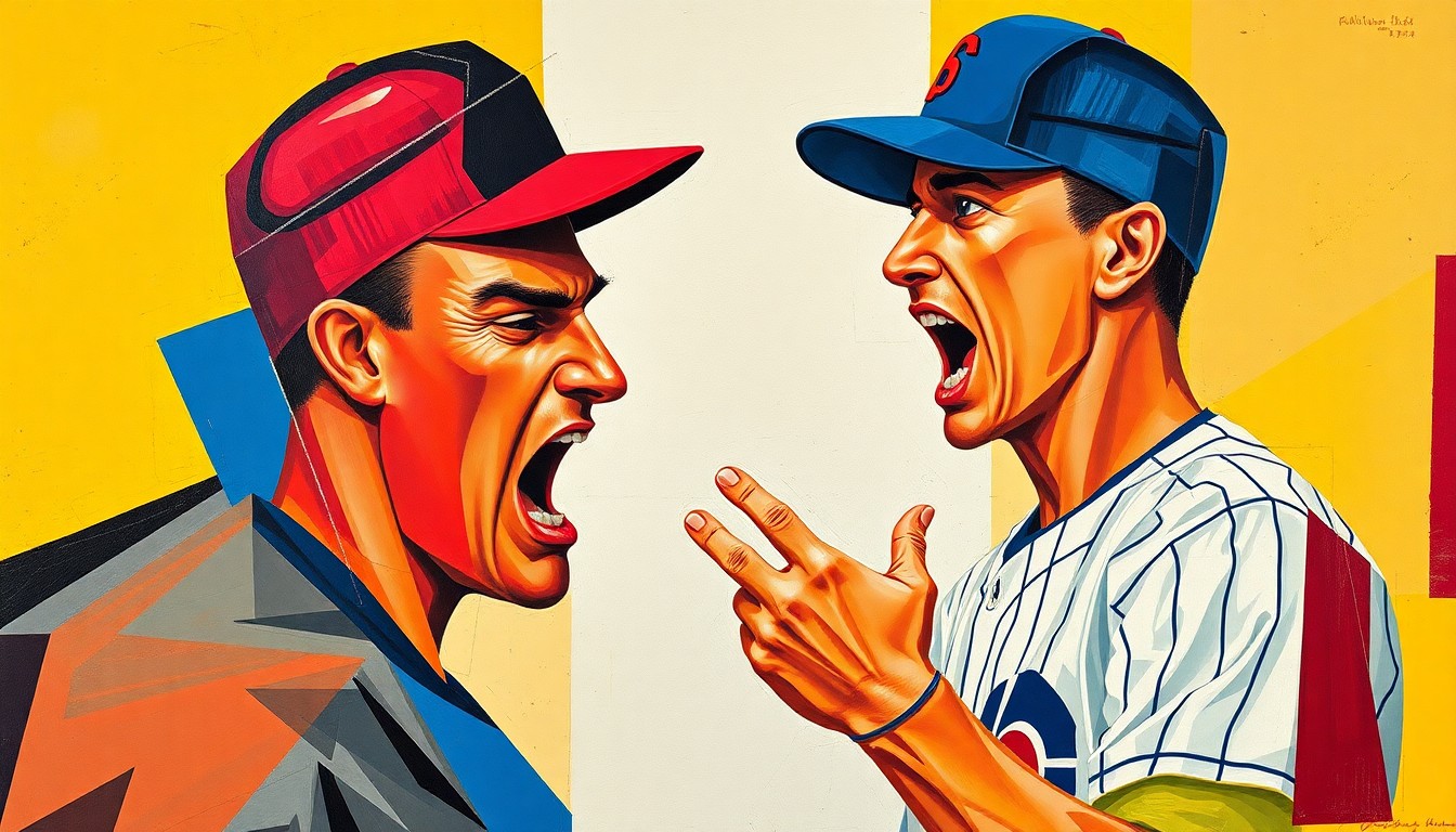 A fragmented, cubist-style painting depicting a baseball player making an obscene gesture, the figure broken down into sharp, overlapping geometric shapes in a vibrant color palette, conceptually representing the tension and confrontation between players and fans.