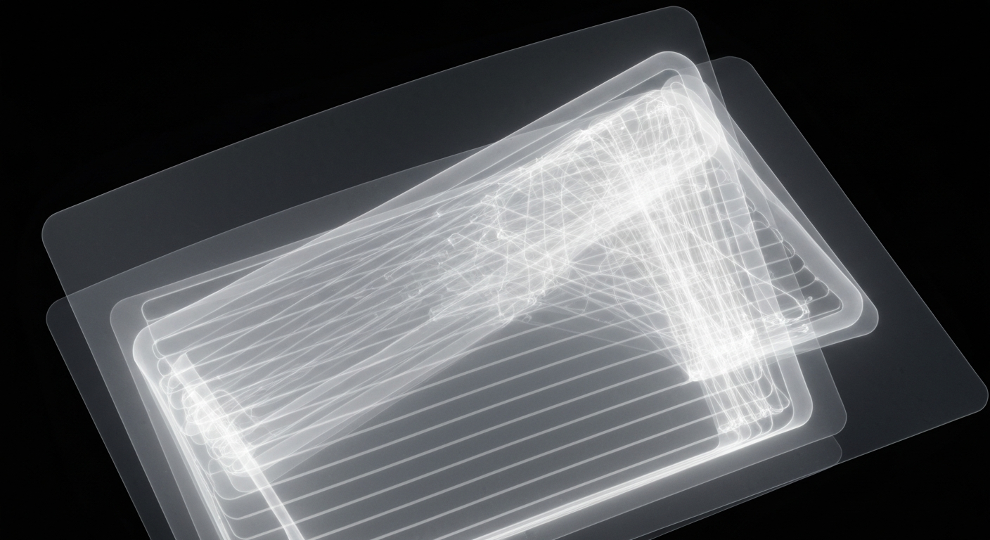 An abstract, ghostly X-ray image revealing the intricate internal structure of a hospice patient assessment form, conceptually representing the increased data requirements and clinical focus of the new HOPE framework.