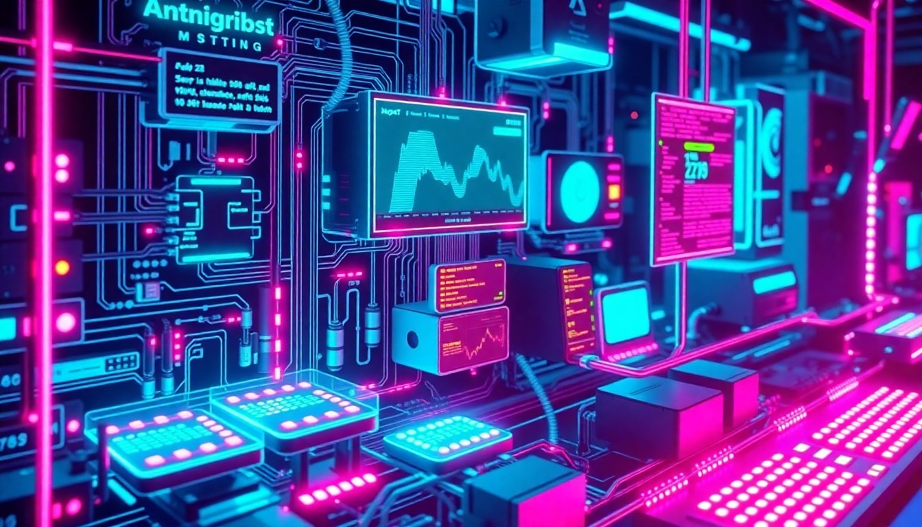 A highly detailed, glowing 3D illustration of a complex financial transaction monitoring system, with neon cyan and magenta lights illuminating the various components and data flows, conveying a sense of advanced, interconnected technology powering the compliance process.