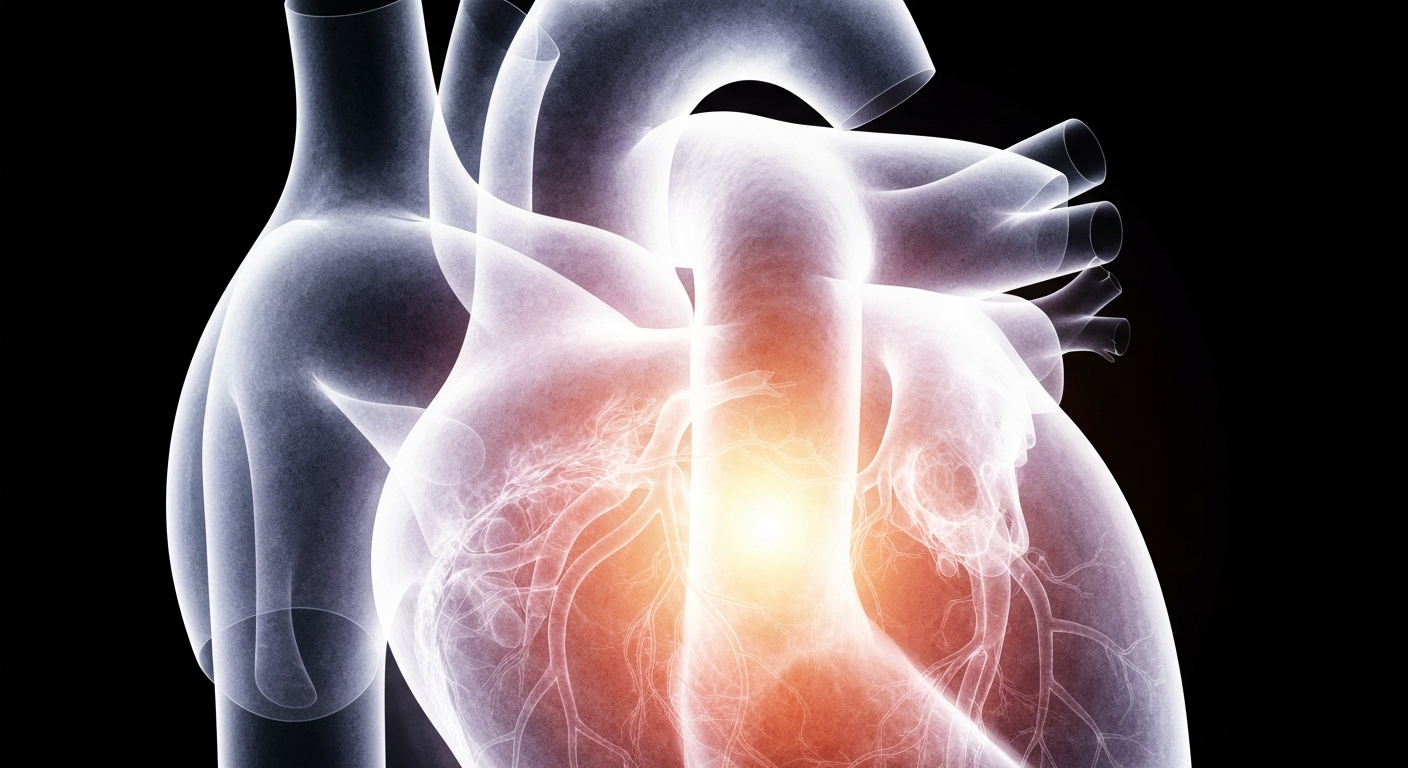 A translucent, ghostly X-ray image of a human heart, with its intricate network of blood vessels and structures glowing against a dark background, conveying the clinical nature and restorative potential of regenerative medicine.