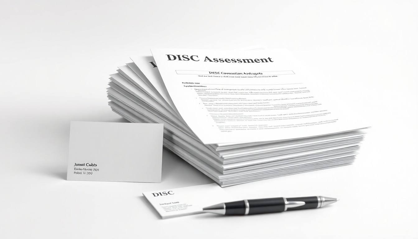 A photorealistic studio still life featuring a stack of business documents, a pen, and a professional card arranged on a clean white background, conveying the refined, high-quality nature of the company's workplace assessment offerings.