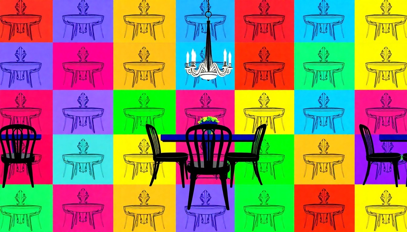 A bold, colorful silkscreen-style illustration featuring a repeating pattern of a single, iconic dining room object like a chandelier or table, rendered in vibrant neon hues with heavy black outlines to create a modern pop art effect.