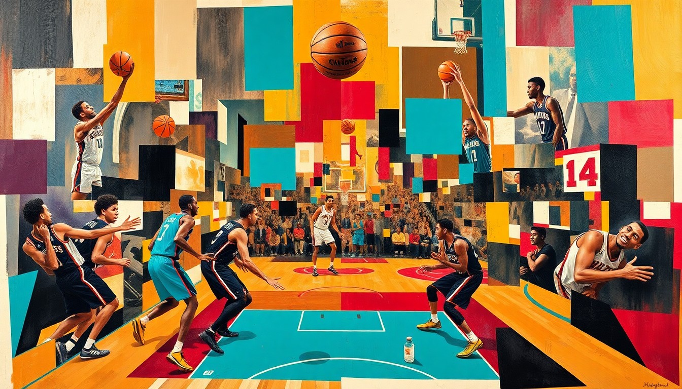 A cubist, geometric painting depicting the final moments of the Hornets-Heat overtime game, with fragmented, overlapping shapes representing the players, basketballs, and court lines, conveying the high-stakes tension of the close finish.