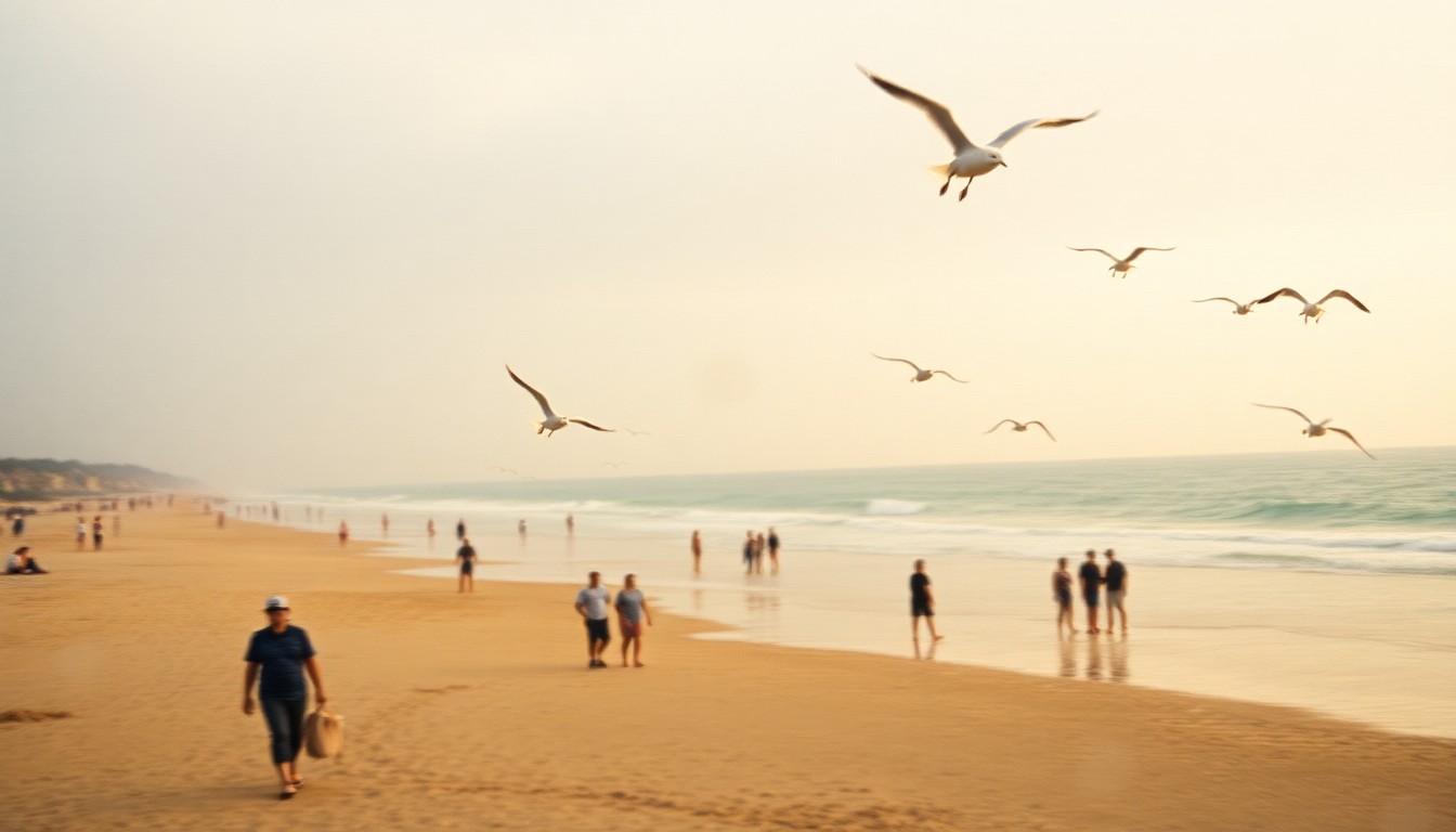 An extremely blurred and abstracted photograph of people walking along a beach, with the ocean and sky visible in the distance, all captured in a warm, hazy, and dreamlike palette of soft browns, greens, and blues.