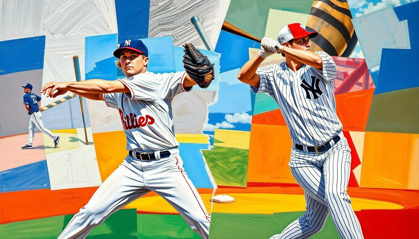 A cubist, geometric painting depicting the overlapping, fragmented motions of a baseball pitcher's delivery and a batter's swing, rendered in the vibrant colors of the Phillies and Yankees uniforms.