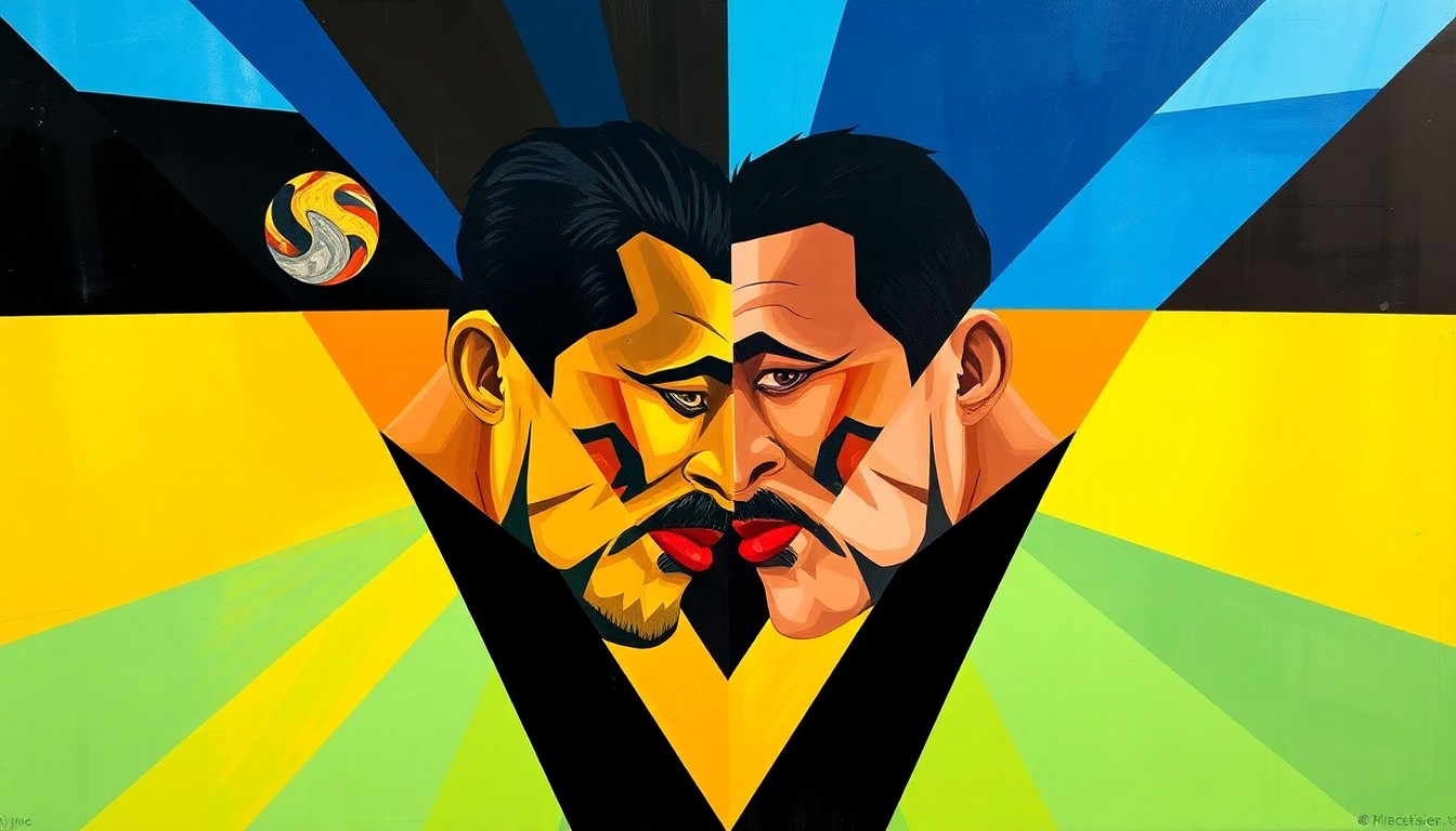 A Cubist-style painting featuring fragmented, overlapping geometric shapes in the colors of LAFC and Cruz Azul, conveying the intensity and drama of their CONCACAF Champions Cup quarterfinal match.