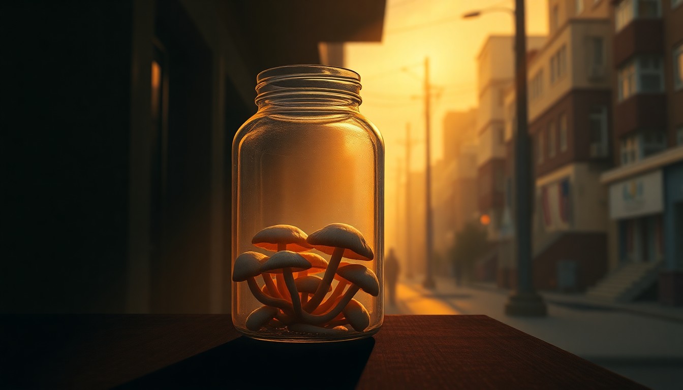 A photorealistic painting of a glass jar filled with psilocybin mushrooms, the jar's contents casting a soft glow in the warm, directional light of an urban setting, conceptually representing the intersection of psychedelics and politics.
