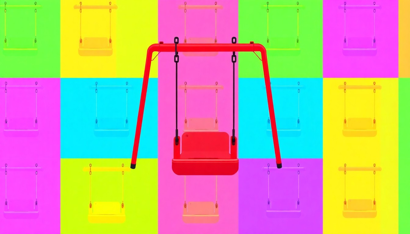 A bold, colorful silkscreen-style illustration of a playground swing set repeated in a grid pattern, capturing the playful energy and community spirit of the Indian Village playground renovation.