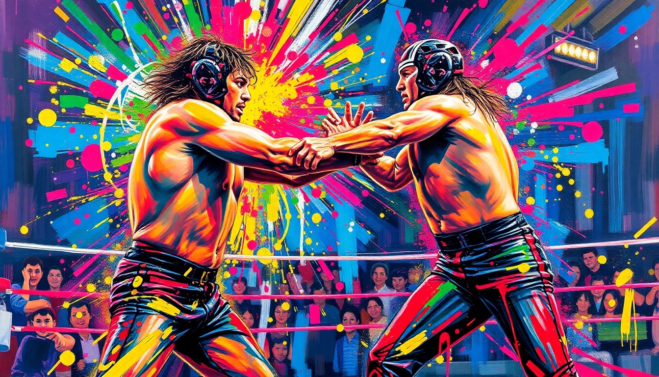 An abstract, expressionist painting in vibrant neon colors, with rapid brushstrokes and splatters of paint representing the intense energy and emotion of a professional wrestling match.