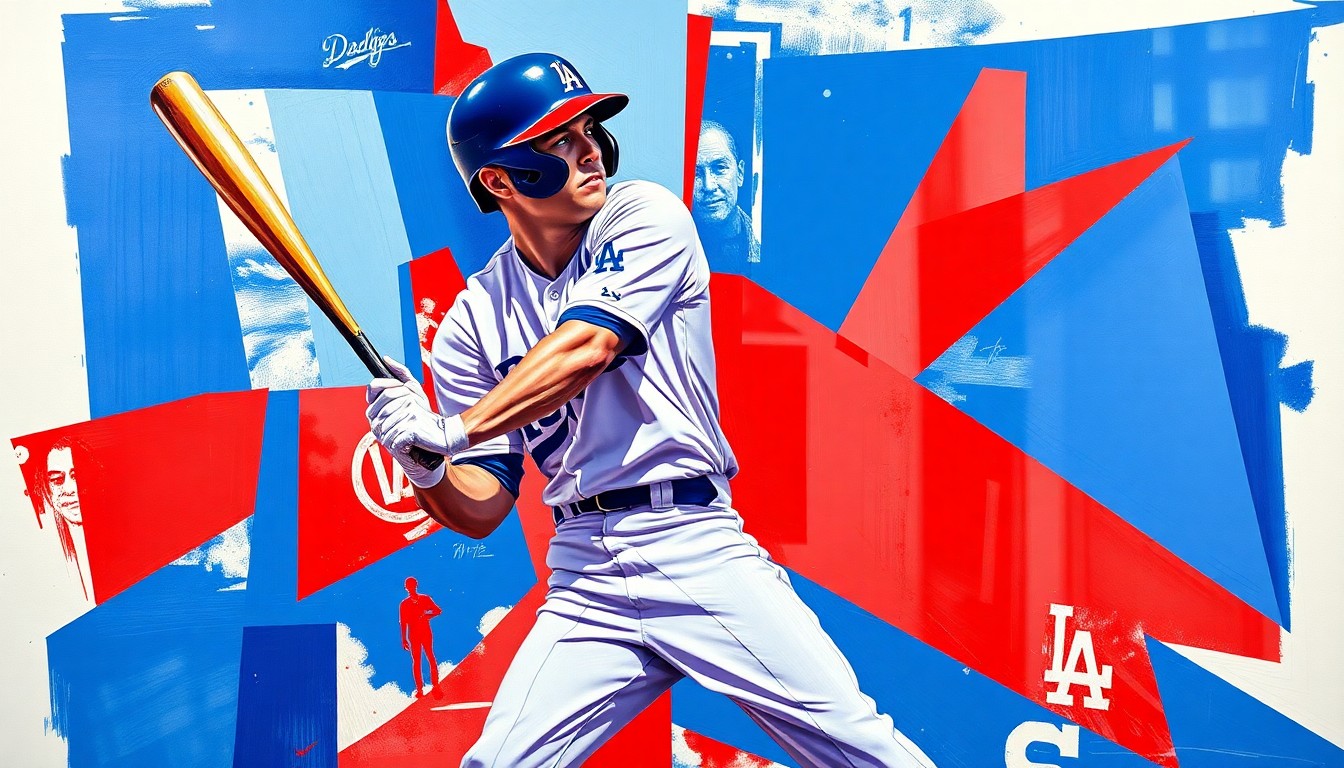 A cubist, geometric painting depicting Shohei Ohtani's batting stance and swing broken down into sharp, overlapping planes of blue, white, and red, capturing the dynamic energy of the Dodgers superstar's performance.