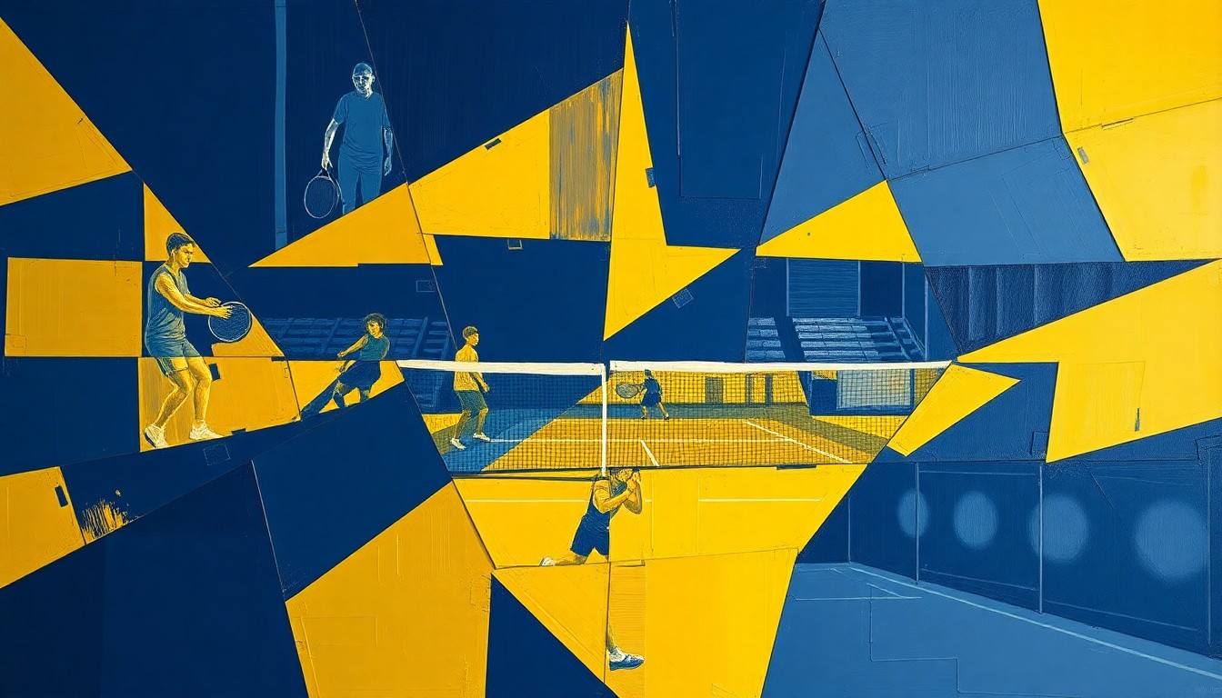 A cubist, geometric painting in navy blue and gold hues, depicting the motion and energy of a tennis match or competition through fragmented, overlapping shapes and planes.