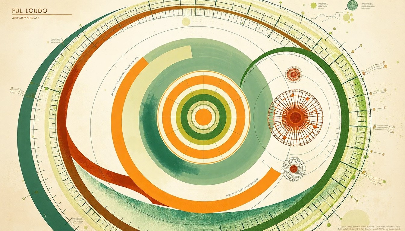 A highly structured abstract painting in soft, earthy tones of green, brown, and ochre, featuring sweeping geometric arcs, concentric circles, and precise botanical spirals, conceptually representing the complex genetic and autoimmune forces at play in Addison's disease.