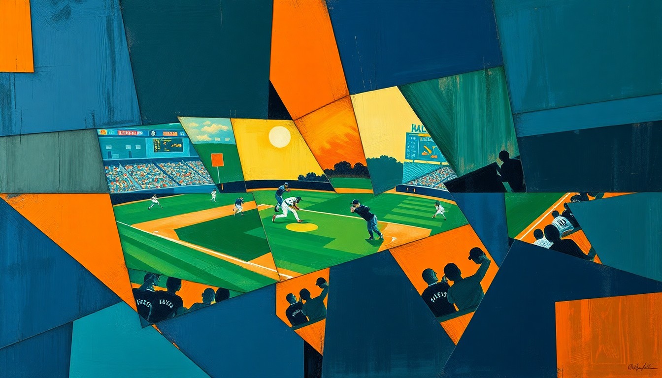 A cubist-style painting depicting a baseball player in motion, with their body and the ball broken down into sharp, overlapping geometric shapes in a palette of navy blue, forest green, and burnt orange, conveying the dynamic energy and unique perspective of the game.