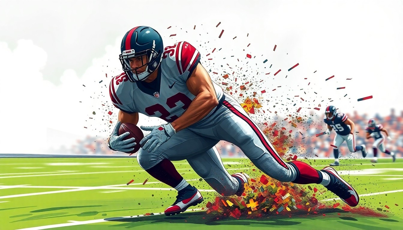 A fractured, multi-perspective painting in the style of Pablo Picasso, breaking down a linebacker's explosive movements and impact on the field into sharp, overlapping geometric planes.