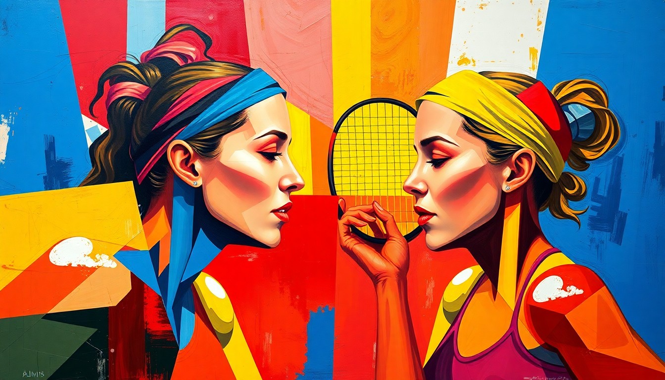 A fractured, geometric painting depicting a tennis match between two players, with sharp planes of color and no discernible faces or identities, conceptually representing the competitive clash between the two athletes.