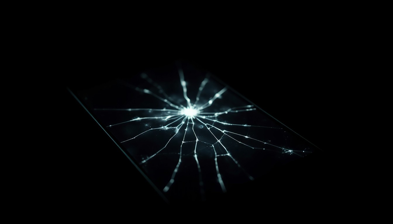 An extreme close-up photograph of a cracked cell phone screen, lit by a harsh, direct camera flash against a pitch-black background, conceptually representing the evidence at the heart of a domestic violence investigation.