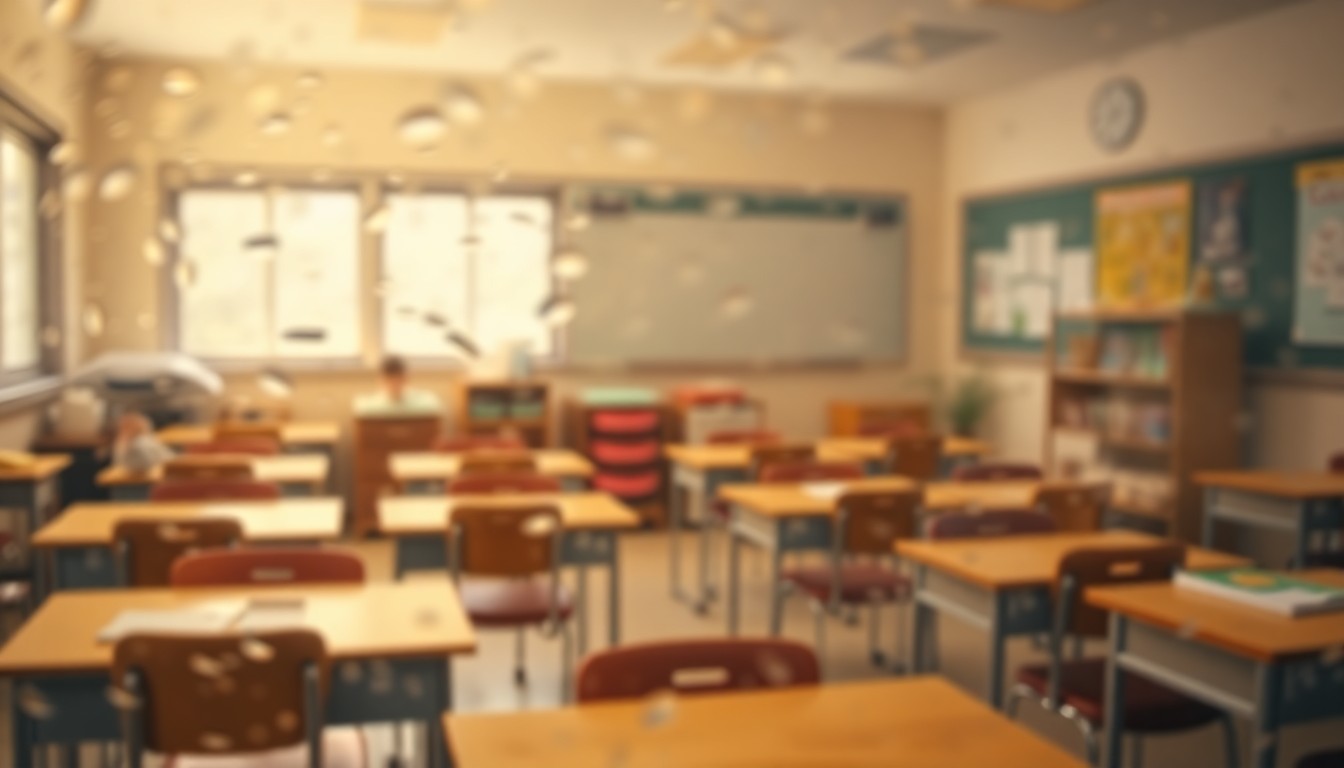 An extremely abstracted, out-of-focus photograph of a classroom scene, with desks, chairs, and school supplies visible through a rain-streaked window, captured in warm, soft pools of color and light, conceptually representing the emotional toll of staff cuts on the school community.