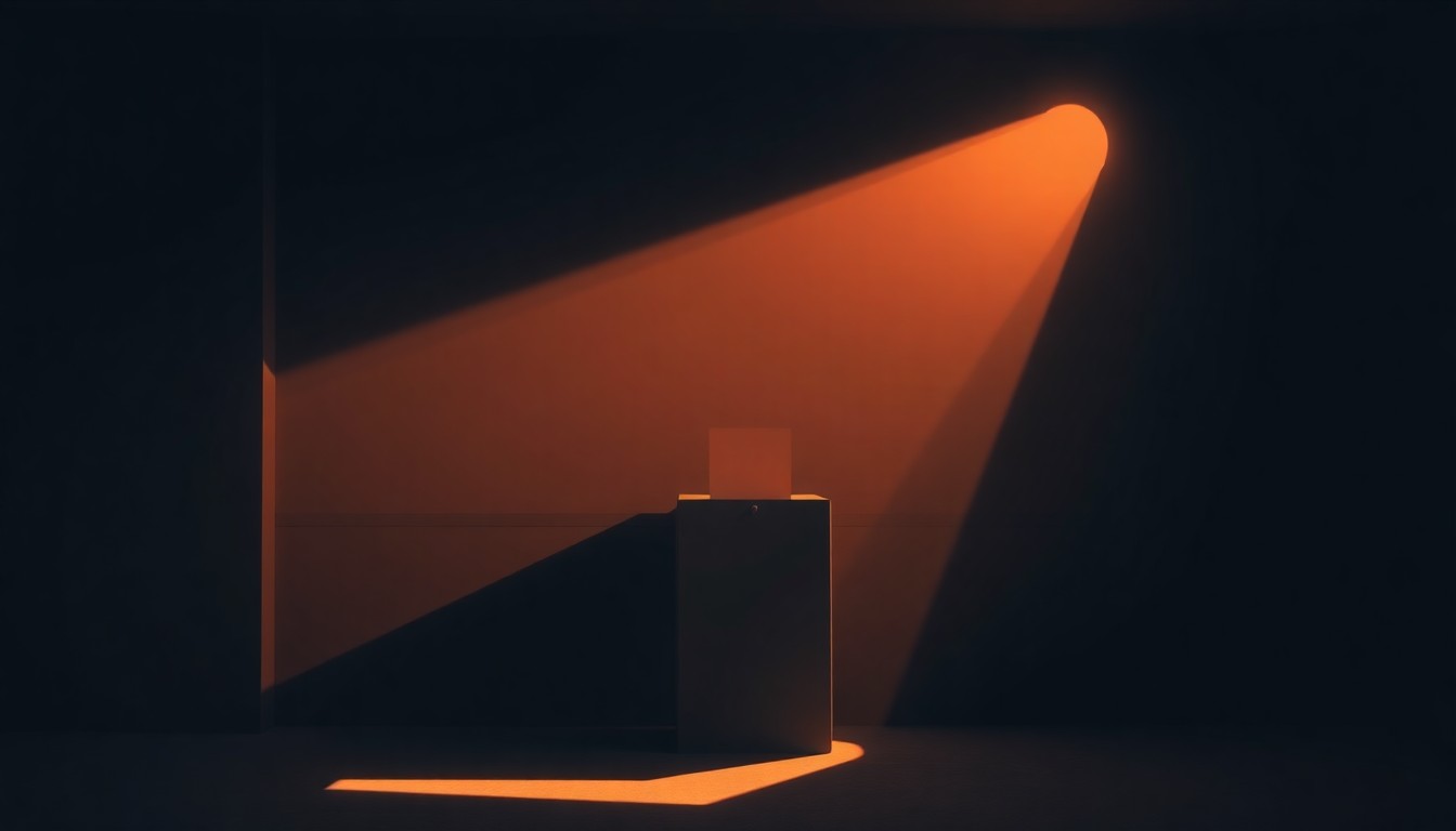 A quiet, cinematic painting of a solitary ballot box in a dimly lit polling station, the box's sharp edges and shadows conveying a sense of frustration and uncertainty surrounding the electoral process.