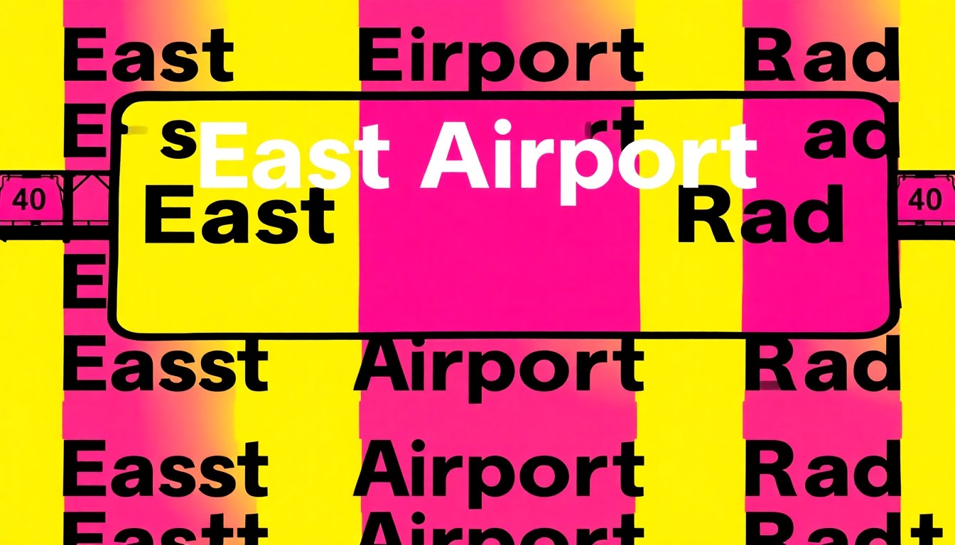 A brightly colored, high-contrast silkscreen print of a road sign with the text 'East Airport Road' repeated in a tight grid pattern, conceptually representing the debate over renaming the road in Hermiston, Oregon.