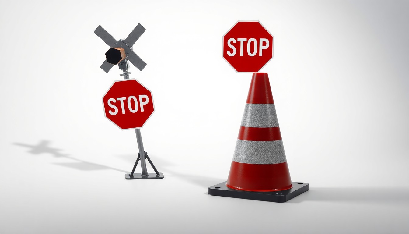 A photorealistic studio still life featuring a polished metal railroad crossing signal arm, a stop sign, and a traffic cone arranged on a clean white background, representing the abstract concepts of infrastructure, public safety, and bureaucratic challenges.