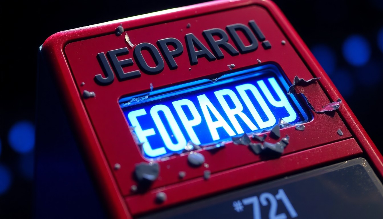 An extreme close-up of a shattered game show buzzer, reflecting a faint blue light, conceptually representing the tension and uncertainty surrounding a champion's surprising performance.