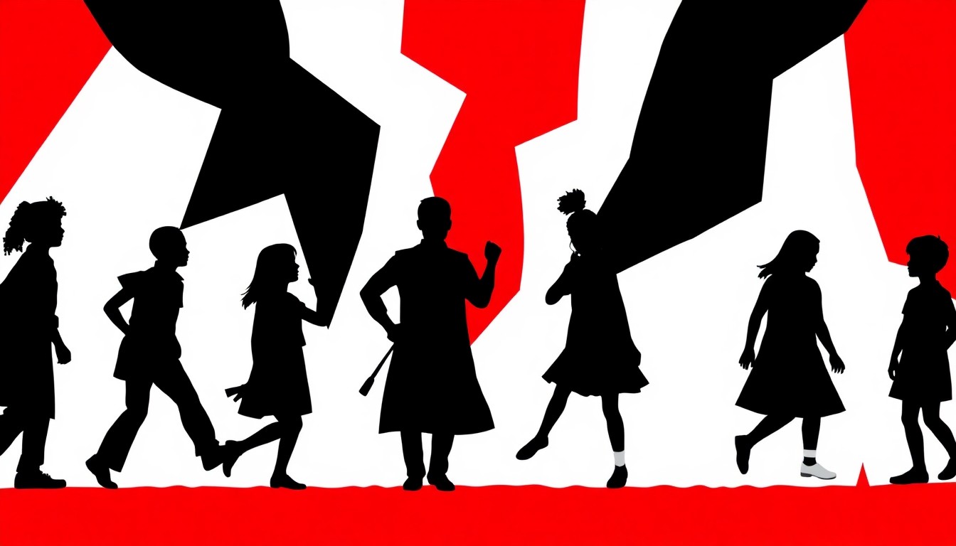 An abstract, minimalist composition of jagged black silhouettes and bold red shapes, conceptually representing the urgent, socially conscious themes of the 'Save the Children' album.