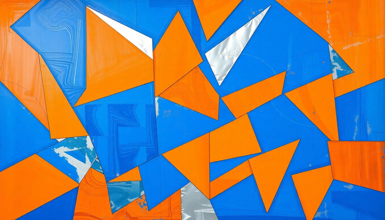 A cubist, geometric painting depicting the dynamic movement and energy of a WNBA basketball game, with overlapping shapes and planes in a bold color scheme representing the Wings' roster transformation.