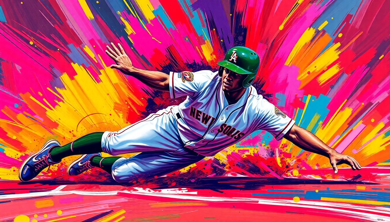 An abstract, energetic painting featuring bold brushstrokes and neon colors that capture the dynamic motion of a baseball player sliding into home plate, conveying the excitement and potential of a young player's quick rise to the majors.