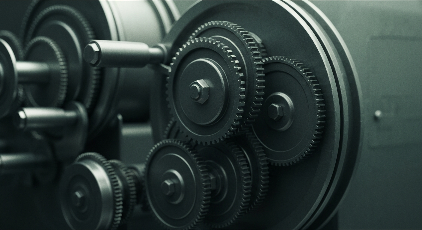 An extreme close-up of the intricate gears and levers of a mechanical tax filing machine, conveying the complex and daunting nature of the tax system for younger generations.