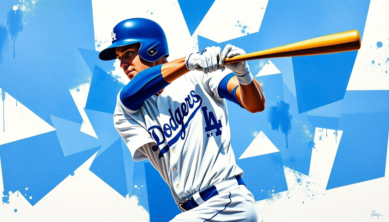 A fractured, multi-perspective painting depicting the dynamic motion and energy of a baseball swing, with the player's face and uniform abstracted into sharp, overlapping geometric shapes in shades of blue and white.
