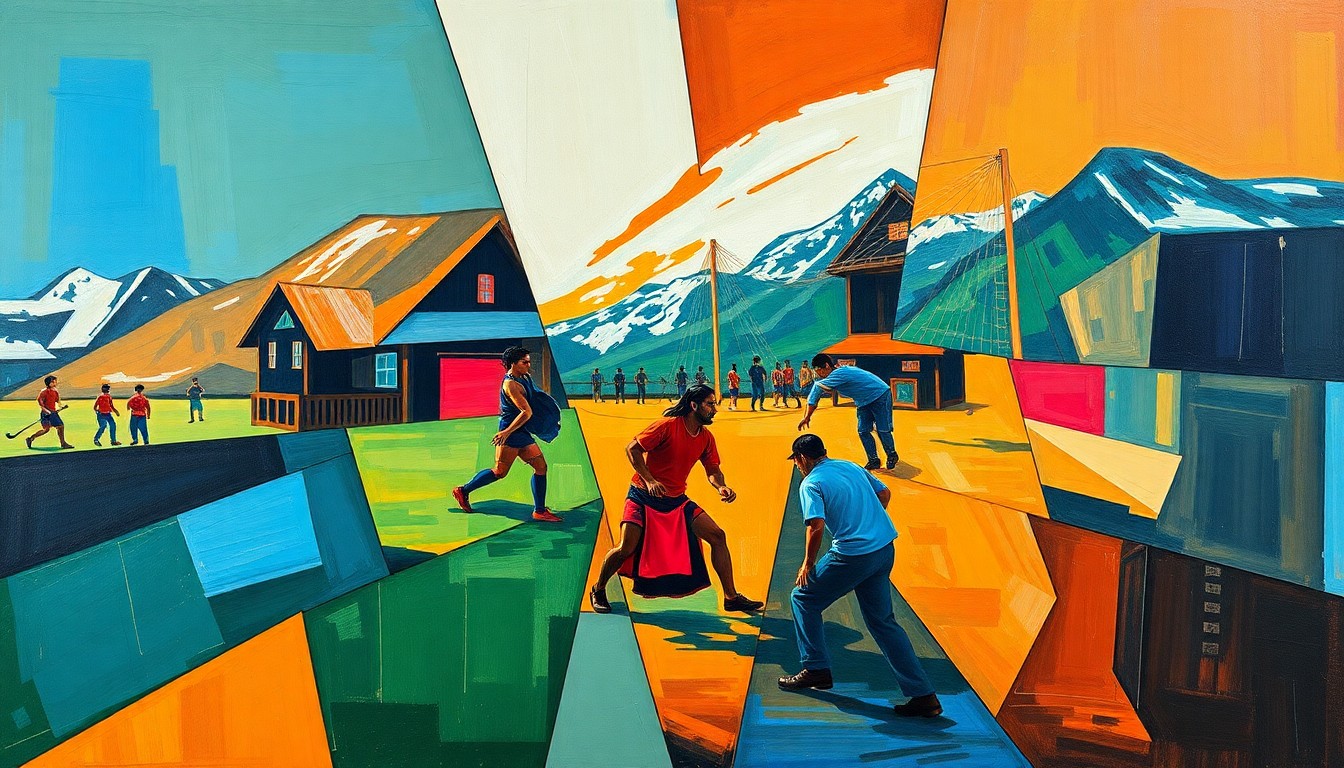 A fractured, cubist-style painting depicting various Alaska Native games and competitions, such as stick pull, high kick, and wrist carry, broken down into sharp, overlapping geometric shapes in vibrant colors.