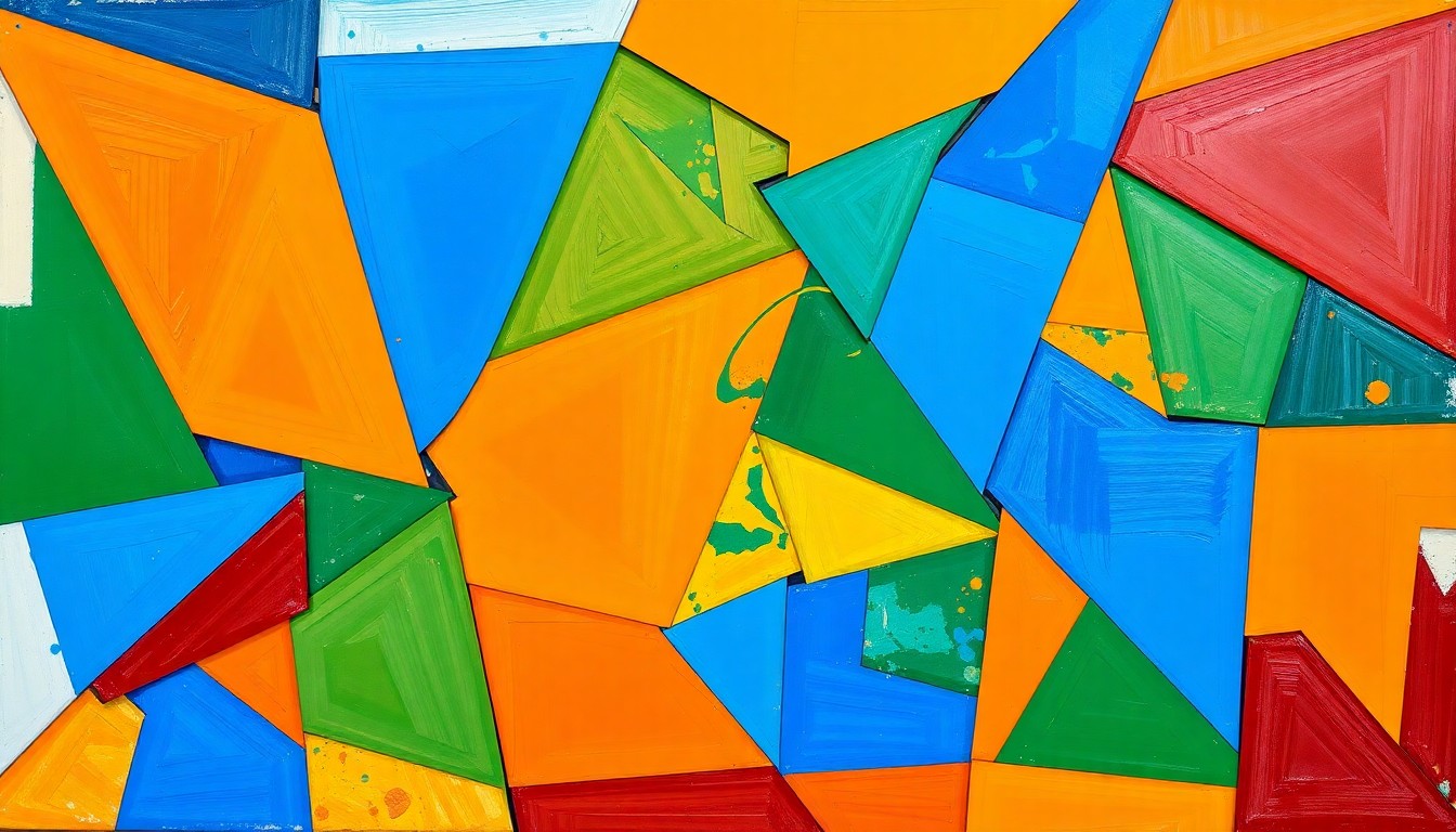 A cubist, geometric painting depicting a college basketball game, with sharp, overlapping planes of blue, orange, and green representing the action on the court.