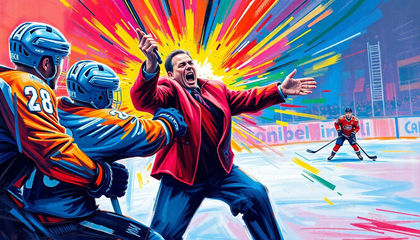 An abstract, energetic painting featuring bold, neon-colored brushstrokes that convey the raw emotion and intensity of a coach berating his players for their poor performance and lack of effort.