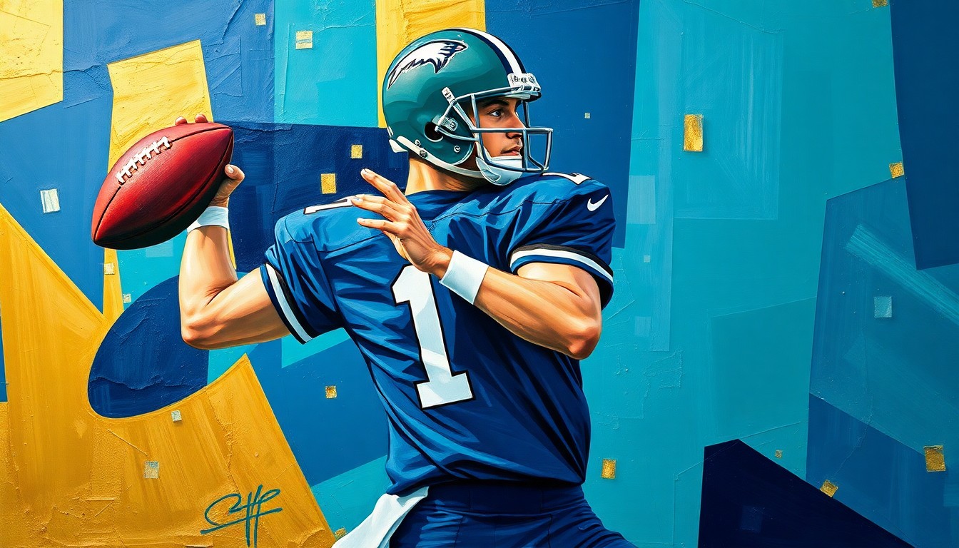 A fragmented, cubist-style painting depicting a quarterback in the midst of a passing motion, broken down into sharp, overlapping geometric shapes in a color palette of navy, teal, and gold, conceptually representing the strategic planning behind the Panthers' decision to retain their young star player.