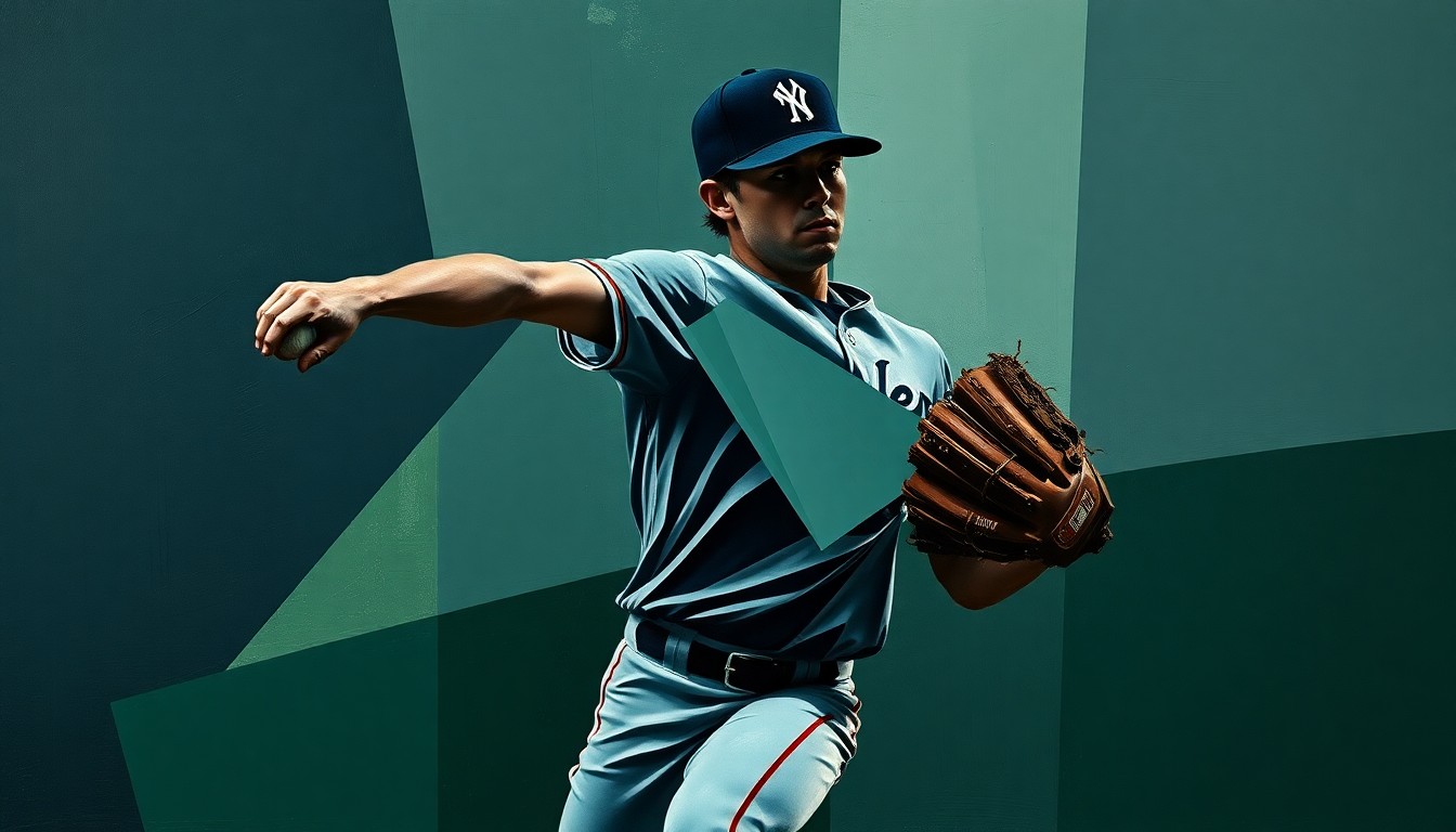 A fragmented, geometric painting depicting a baseball pitcher's motion, with sharp planes of navy, green, and grey representing the complex challenges facing the Brewers' relief corps.