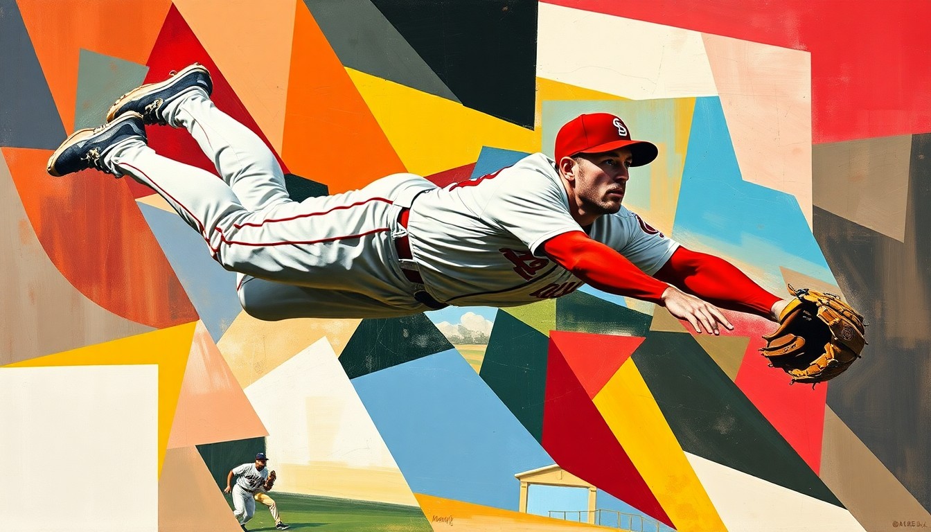 A fragmented, geometric painting depicting a baseball player making a diving catch, with the player's body and the ball broken down into overlapping planes of color representing the Guardians and Cardinals uniforms.