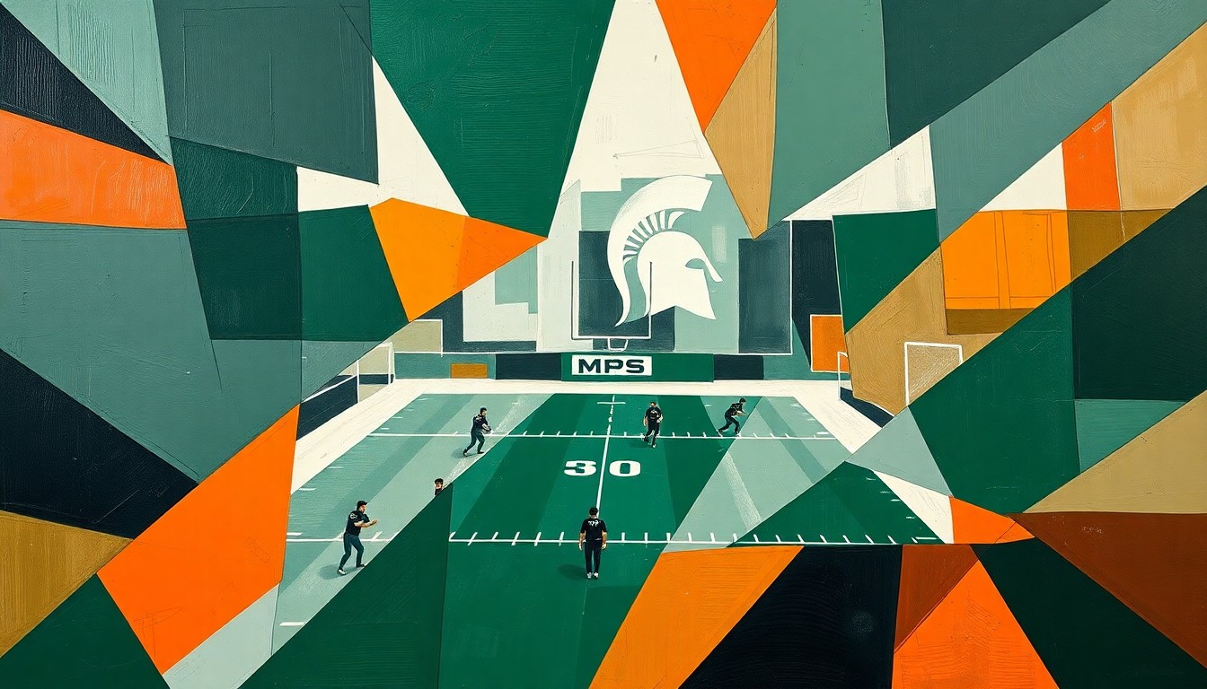 A fragmented, cubist-style painting depicting a Michigan State football practice, with players and coaches represented as overlapping geometric shapes in muted tones, conveying the energy and intensity of the team's efforts to revive the program.