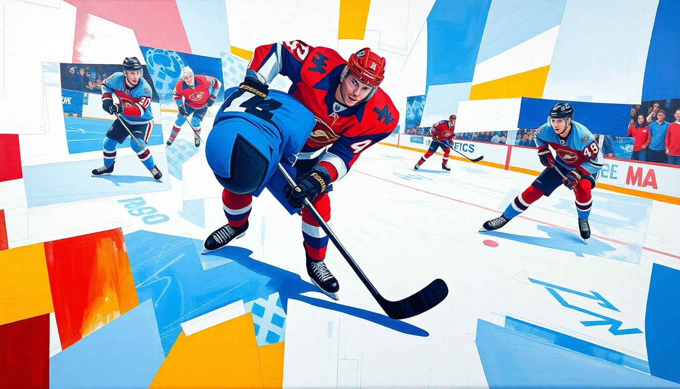 A cubist, geometric painting depicting the final moments of a hockey player's game, with sharp, overlapping planes of blue, red, and white representing the team's colors and the player's movements on the ice.