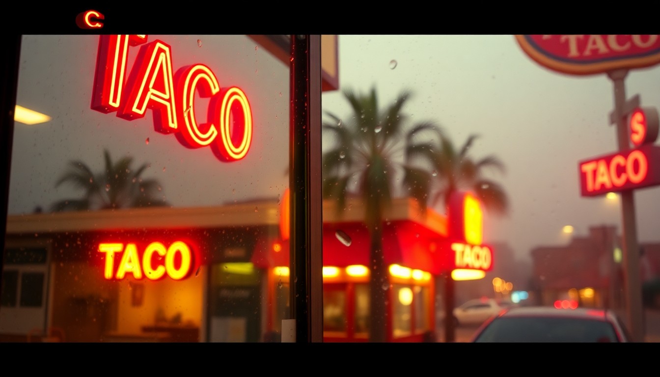 An abstract, out-of-focus photograph showing the blurred exterior of a taco shop, with neon signs and palm trees visible through a rain-streaked window, conveying the nostalgic and community-oriented atmosphere of a longstanding local business.