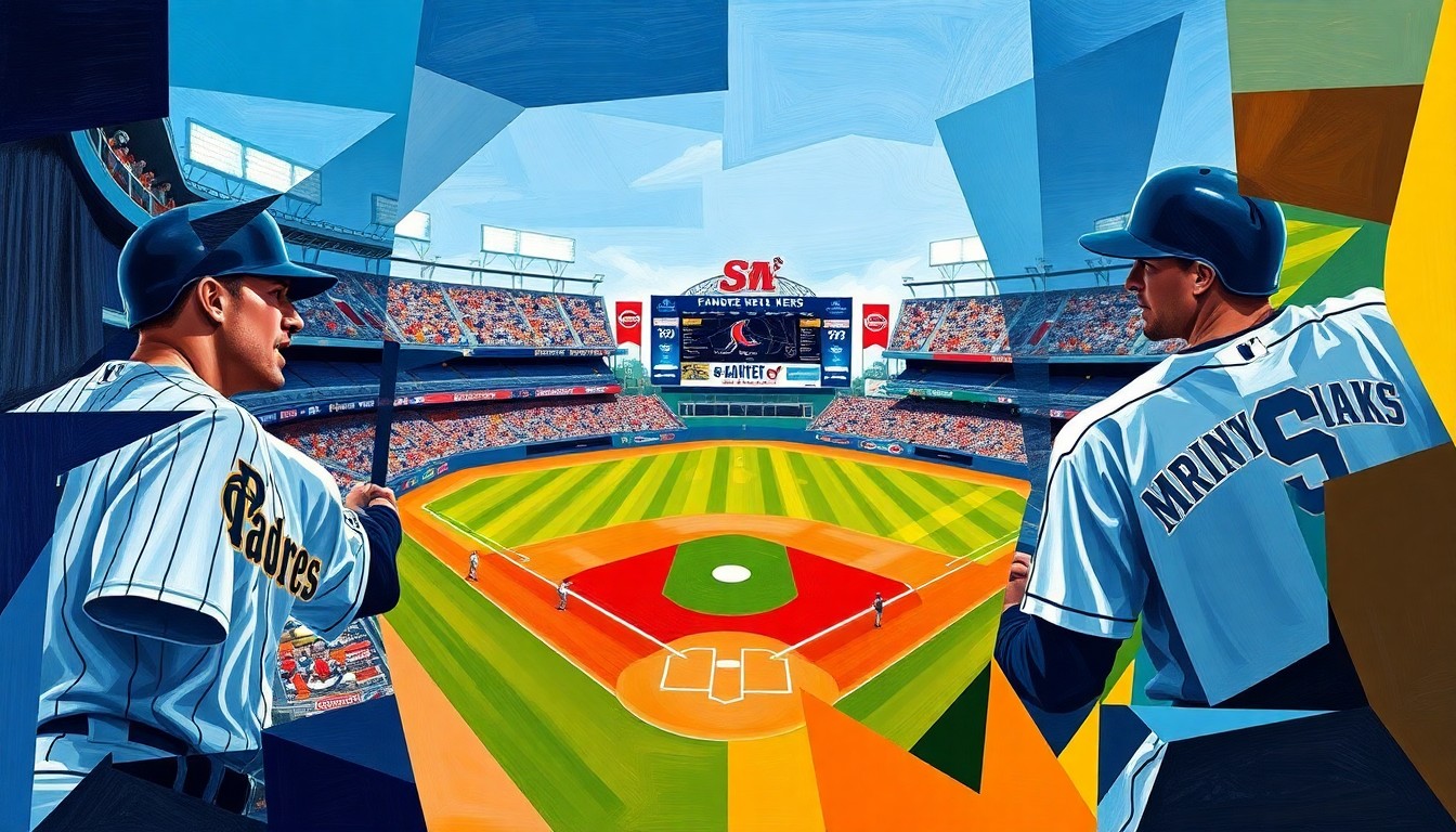 A cubist, geometric painting depicting a baseball game between the San Diego Padres and Seattle Mariners, with the players and field fractured into sharp, overlapping planes of vibrant colors.