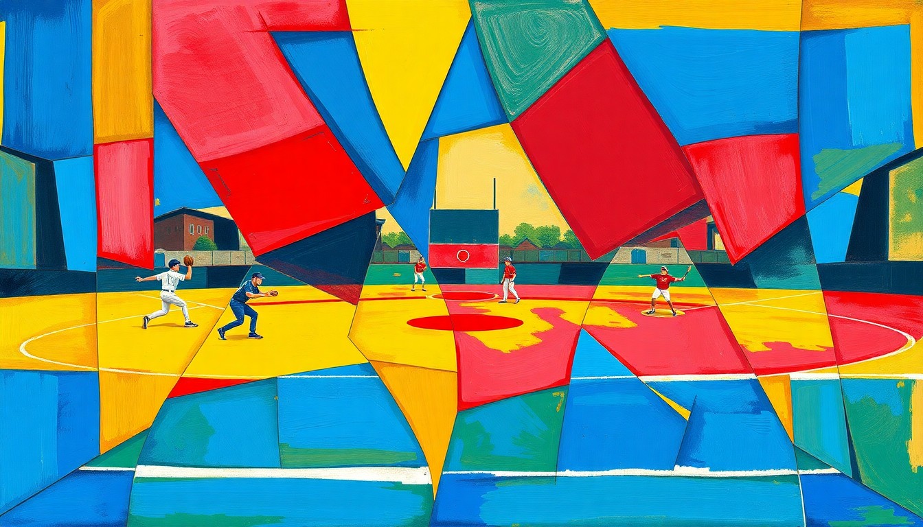 A cubist, geometric painting depicting the dynamic action of a high school softball or baseball game, with players and the field fragmented into overlapping angular shapes in a vibrant color palette.