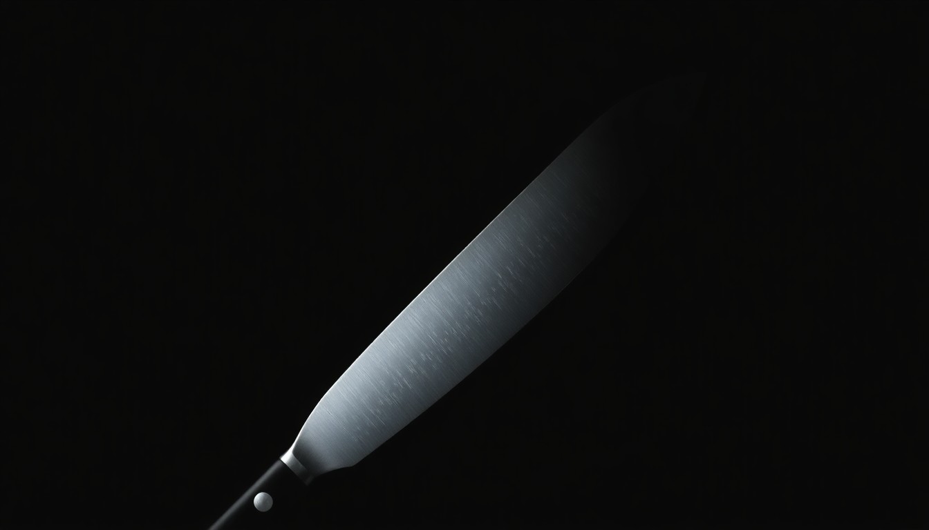An extreme close-up photograph of a single kitchen knife against a pitch-black background, lit by a harsh, direct camera flash, conceptually representing the weapon used in the Walmart incident.