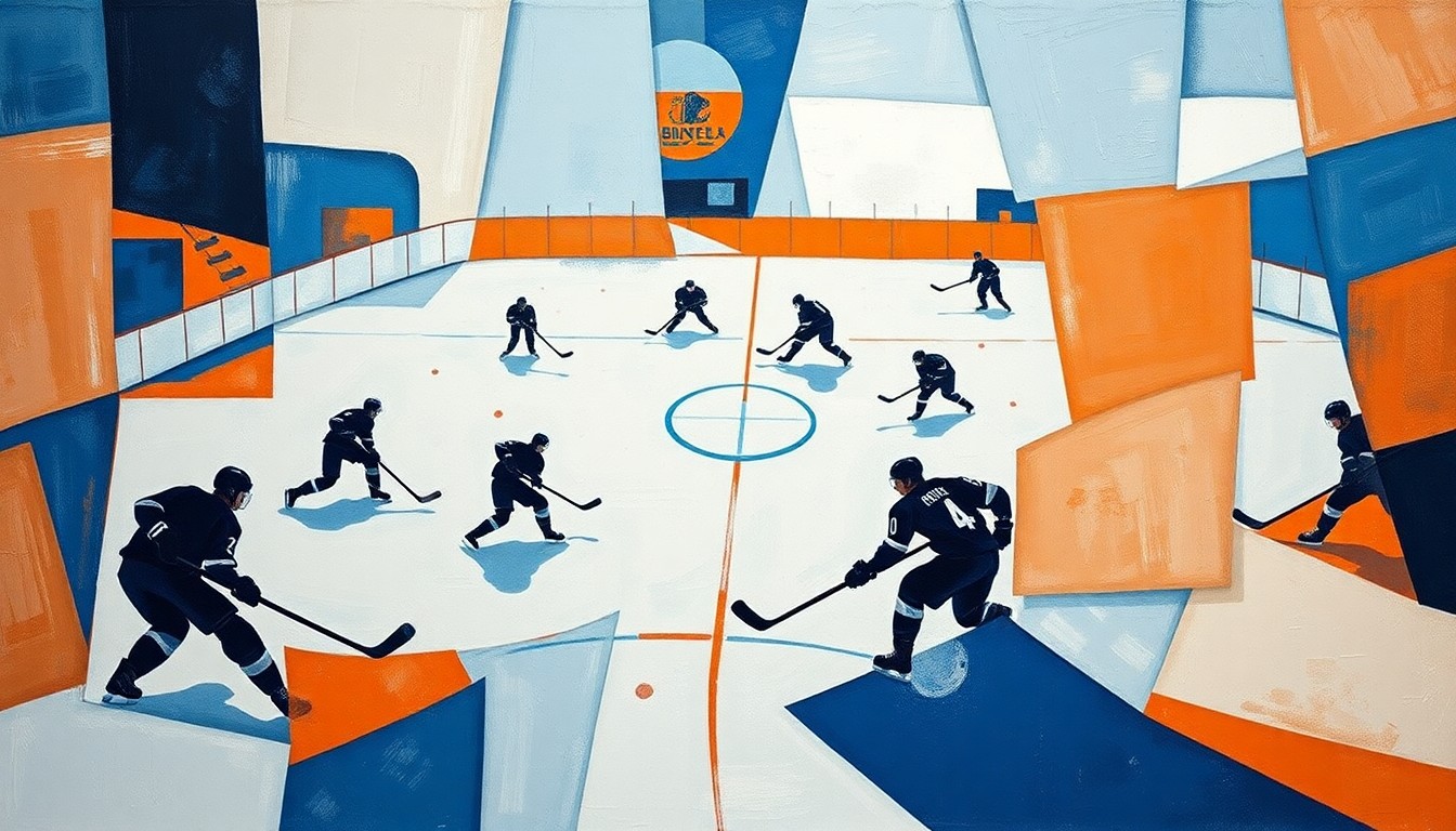 A cubist, geometric painting depicting the action and movement of a hockey game, with fragmented shapes and planes of blue, white, and orange representing the ice, players, and equipment.