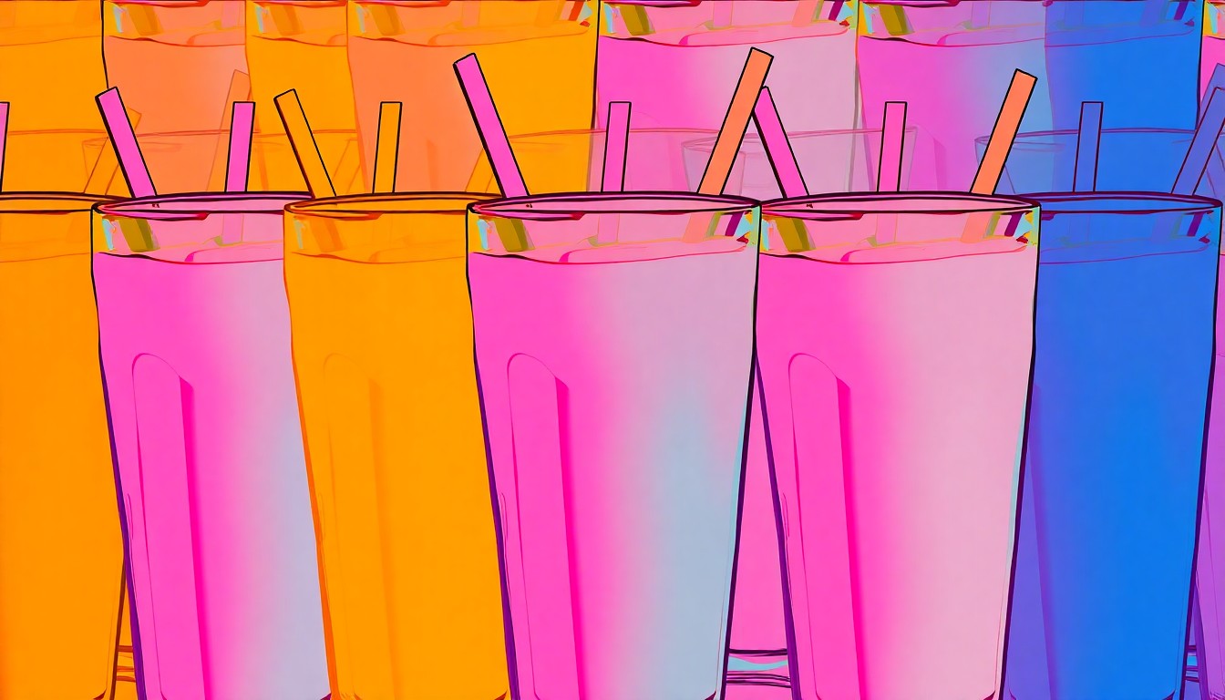 A vibrant, high-contrast silkscreen print featuring a repeated image of a classic 1950s-style milkshake glass in a grid pattern, rendered in a bold, neon color palette that evokes the retro energy of a beloved local drive-in restaurant.