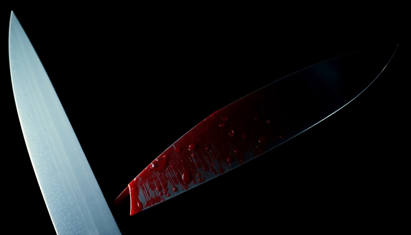An extreme close-up of a bloody knife blade against a stark, black background, creating a gritty, investigative aesthetic that conceptually represents the violent crimes shaking the community.