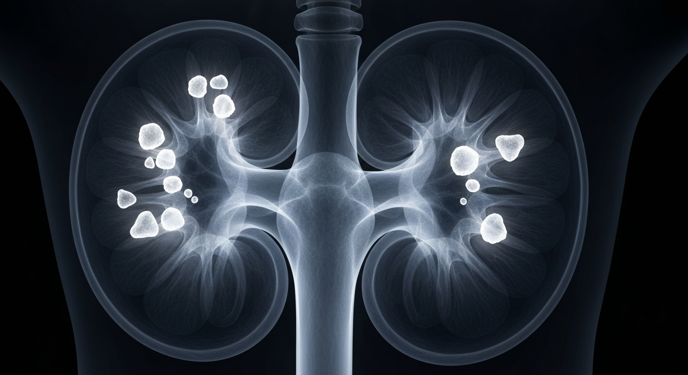 A translucent X-ray image of a human kidney, with the stone fragments glowing against the dark background, conceptually illustrating the complexity and importance of advanced kidney stone treatment technology.