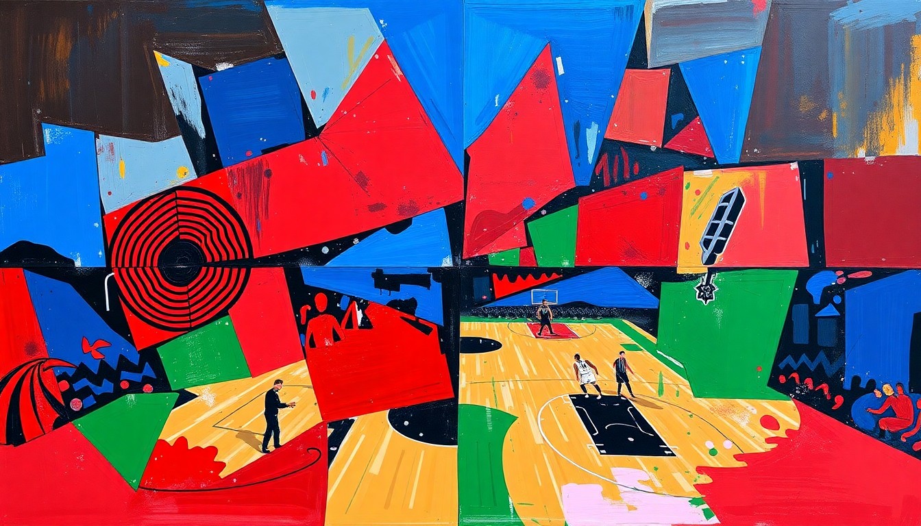 A fractured, multi-perspective painting featuring overlapping geometric planes in vibrant shades of red, blue, and green, conceptually representing the competitive spirit of a playoff basketball game.